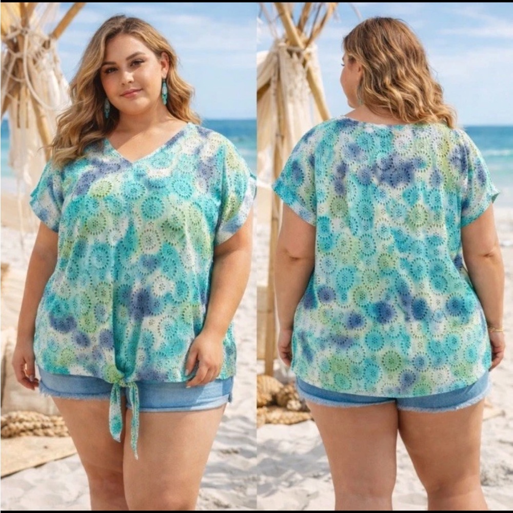 Catalog Favorites Blue & Green Tie Dye Eyelet Blouse w/tie Detail Top Cruise